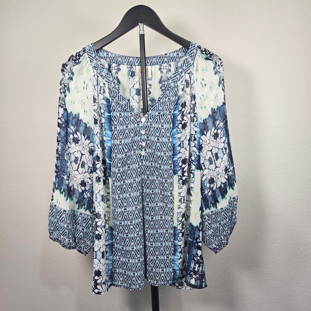 Fig & Flower Blouse Womens Large Blue Floral Geometric Boho Henley Bubble Sleeve